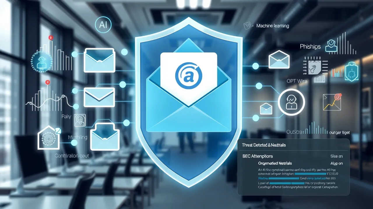 Illustration of AI-powered email protection, featuring a shield icon with an envelope, highlighting threat detection, phishing prevention, and email filtering in a modern office environment.