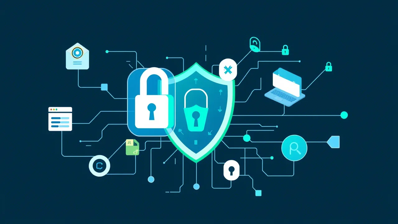 Illustration of cybersecurity network protection with digital locks, shield, and encrypted icons representing AI Cyber Experts’ layered security solutions.