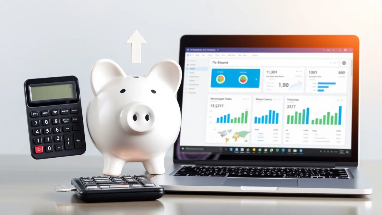 Piggy bank, calculator, and a laptop with analytics dashboard representing cost savings and performance tracking.