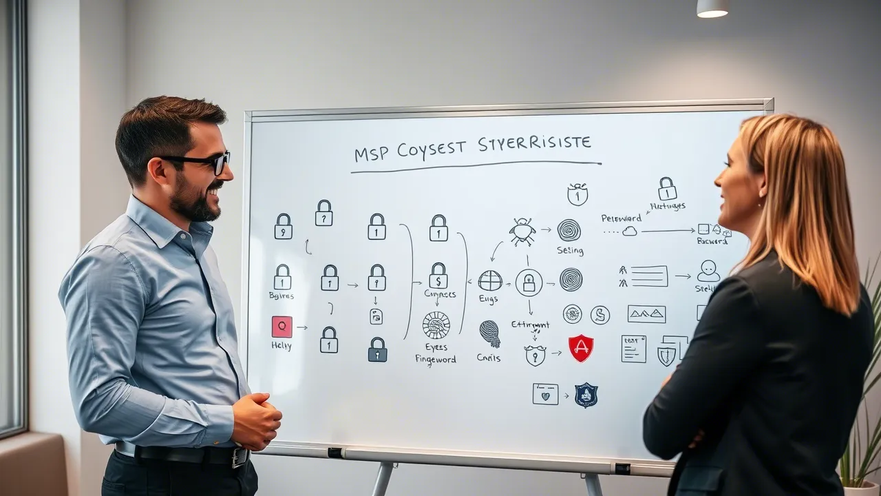 Cybersecurity professionals discussing a managed service provider (MSP) threat response strategy on a whiteboard at AI Cyber Experts.