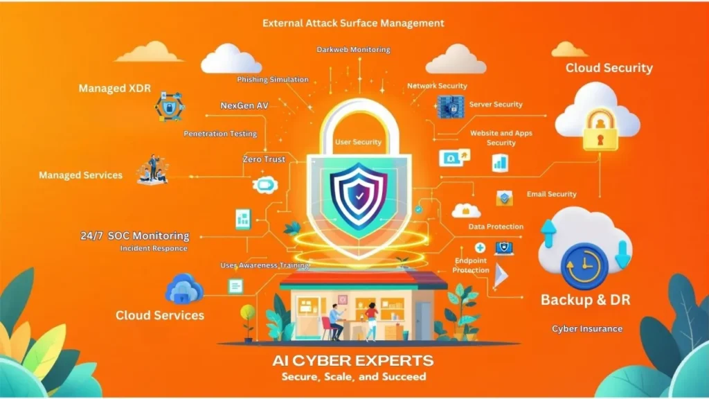 Infographic showing AI Cyber Experts' complete cybersecurity ecosystem, including XDR, Zero Trust, Cloud, Backup, and SOC services.