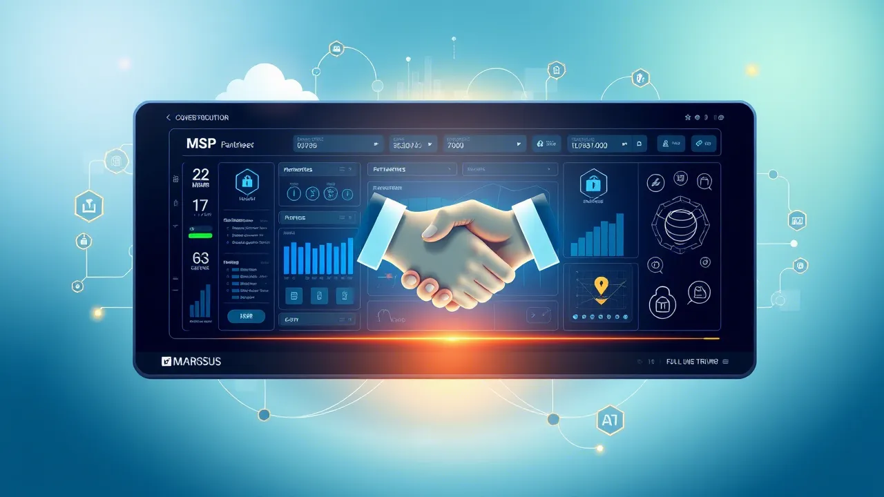 Digital handshake displayed over a cybersecurity and MSP analytics dashboard, symbolizing AI Cyber Experts' trusted IT partnerships.