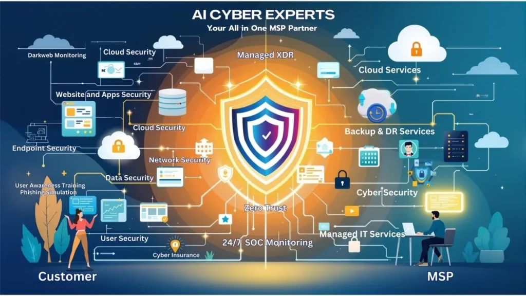 Infographic showing AI Cyber Experts’ all-in-one MSP cybersecurity services connecting customers and providers through a central shield icon.
