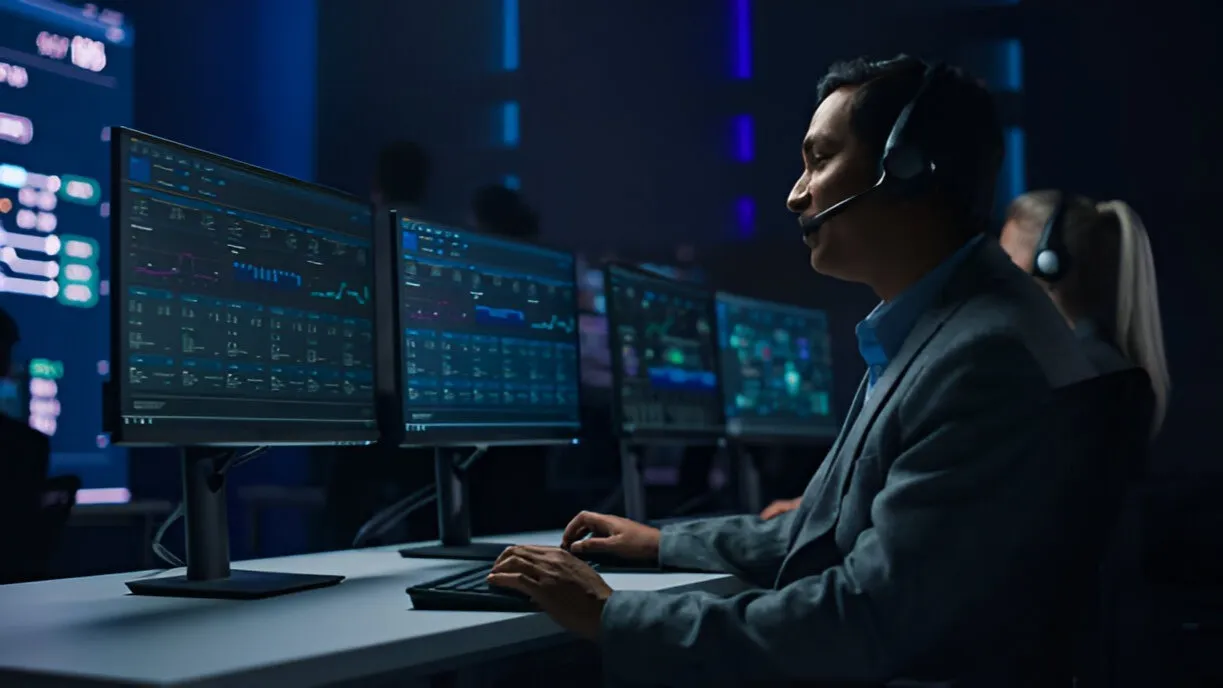 AiCyberExperts SOC analyst monitoring real-time cybersecurity threats across multiple dashboards in a secure operations center.