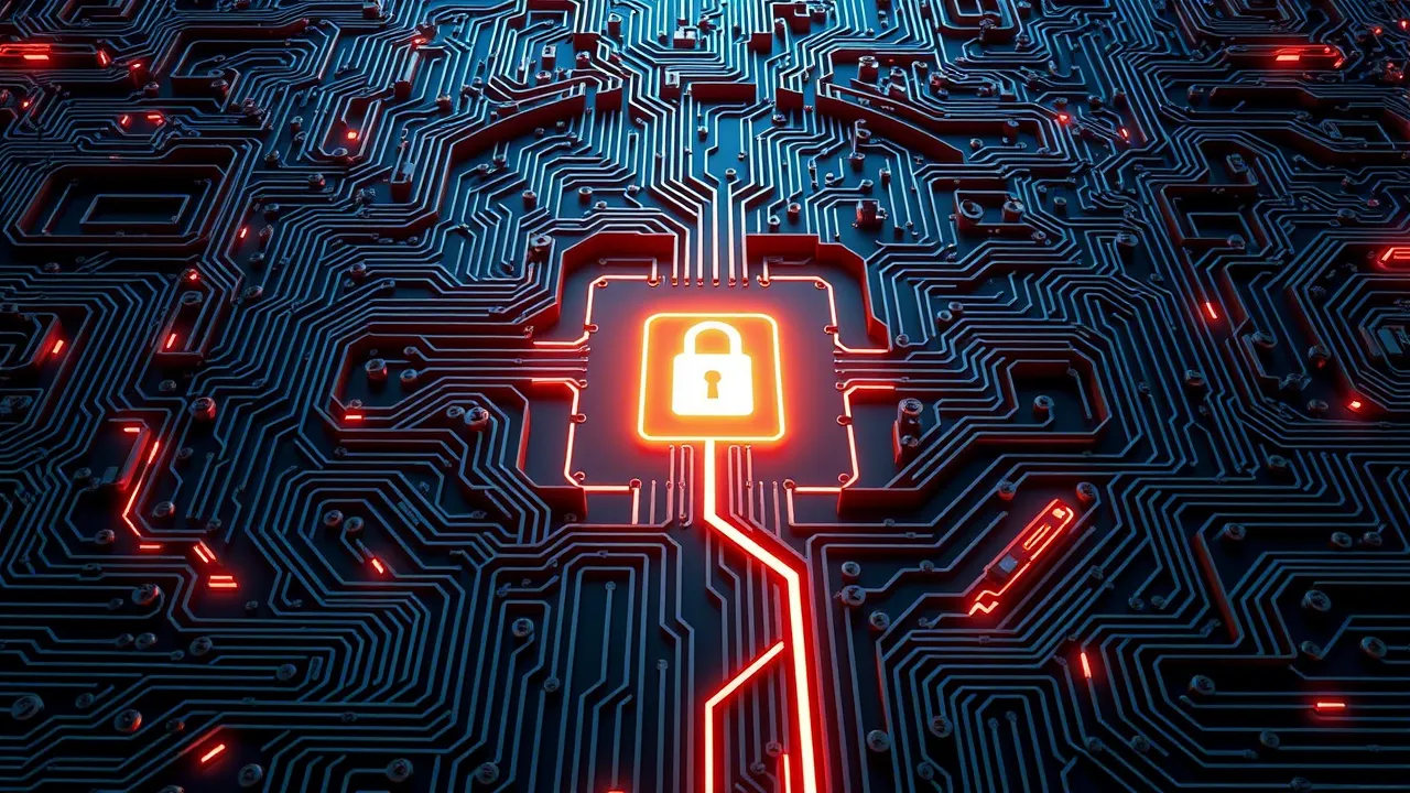 Glowing digital padlock on a motherboard circuit, symbolizing advanced cybersecurity protection and system integrity.