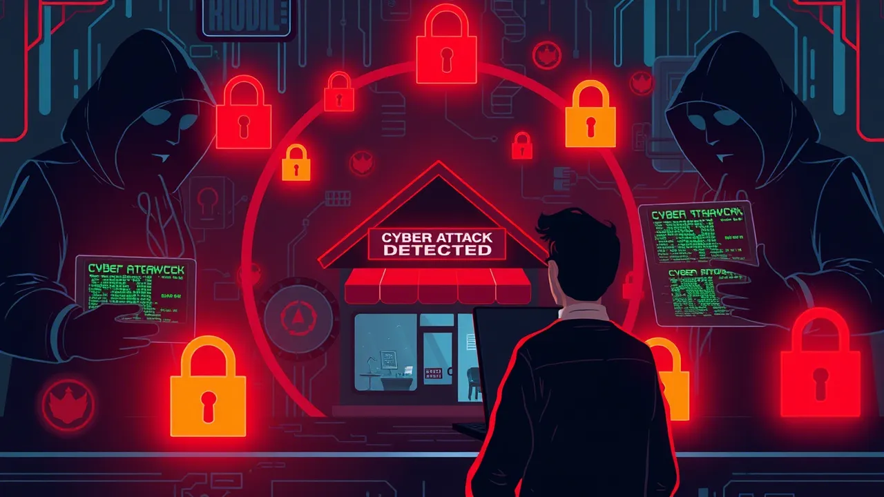 Illustration of a business under a cyberattack, with red alert symbols, hackers, and digital locks surrounding a man at a computer.