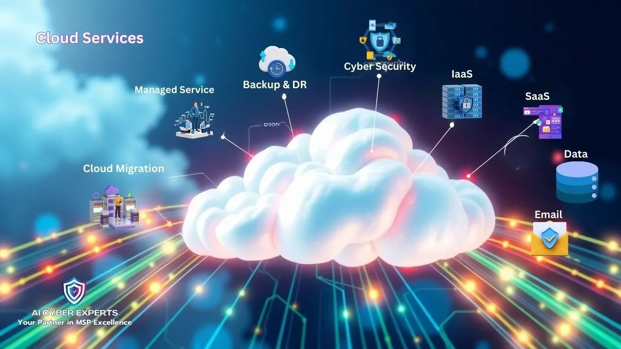 Illustration of cloud computing services including cybersecurity, backup, SaaS, IaaS, and data protection.