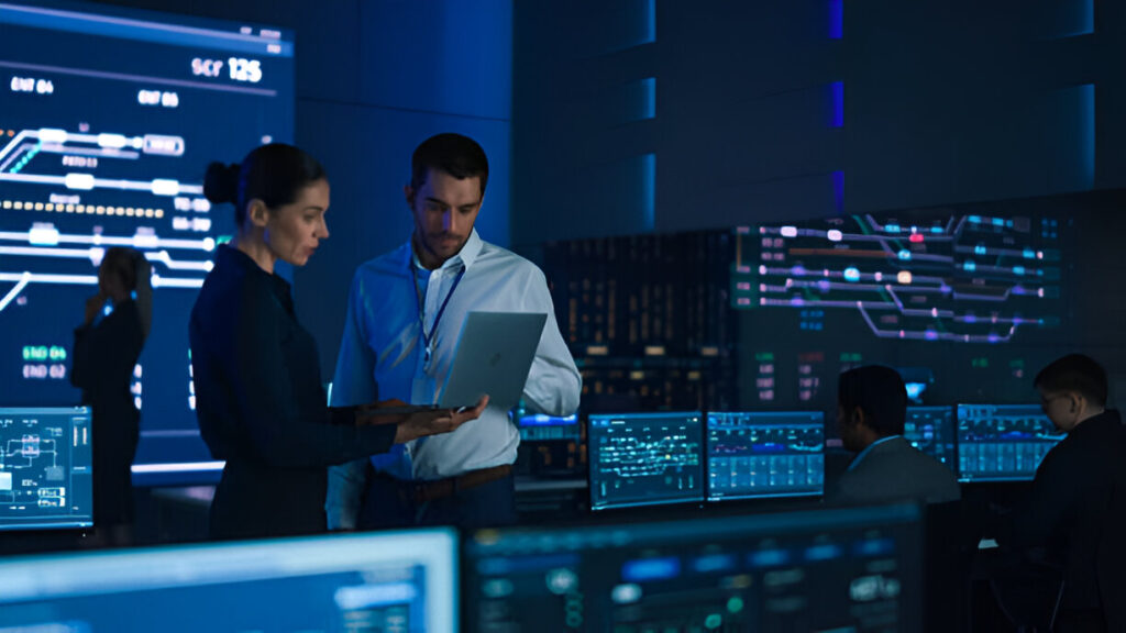 Illustration of a secure cloud network with shield icons and digital connections, representing AI Cyber Experts' advanced cloud security solutions including threat detection, web application protection, and 24/7 monitoring for businesses.
