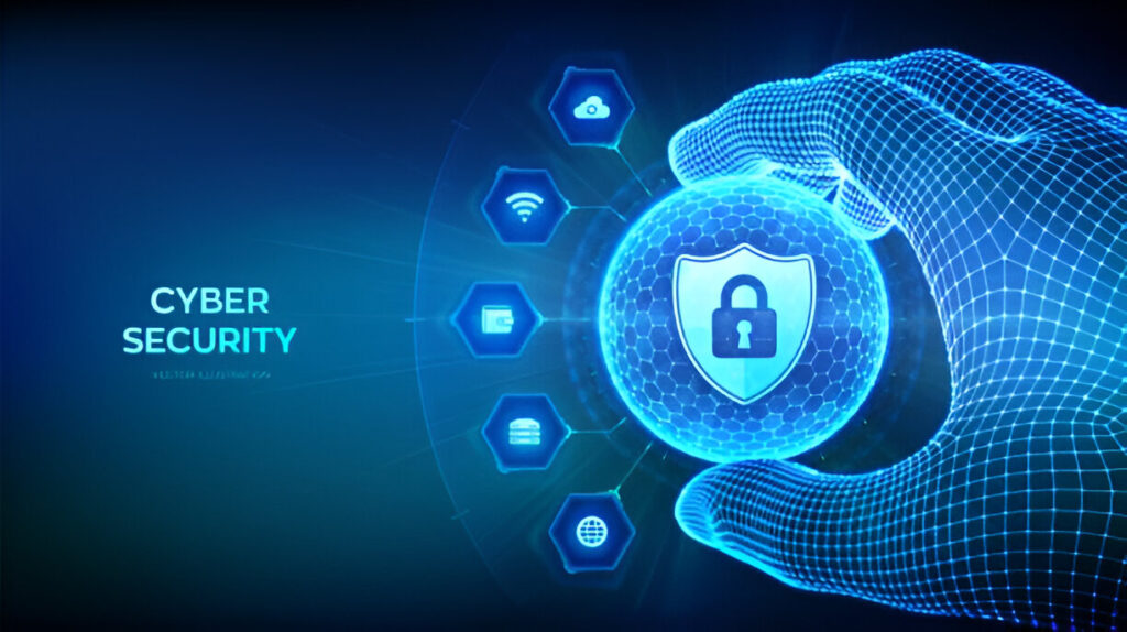 Cybersecurity professional working on a futuristic digital interface displaying data analytics and security elements.