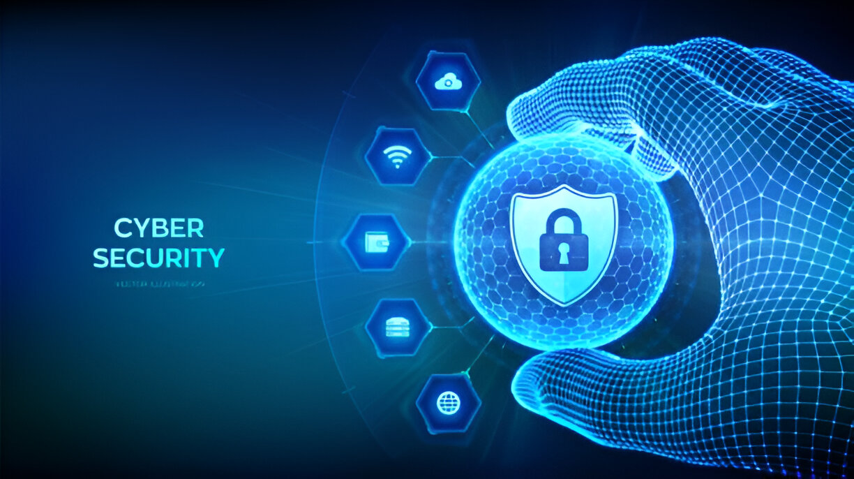 Cybersecurity professional working on a futuristic digital interface displaying data analytics and security elements.