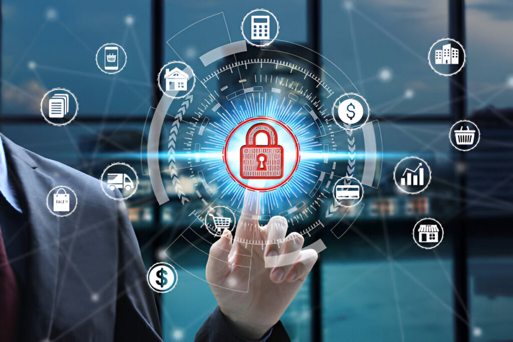 Businessperson interacting with digital security interface surrounded by icons of finance, retail, logistics, and data protection representing secure digital infrastructure.